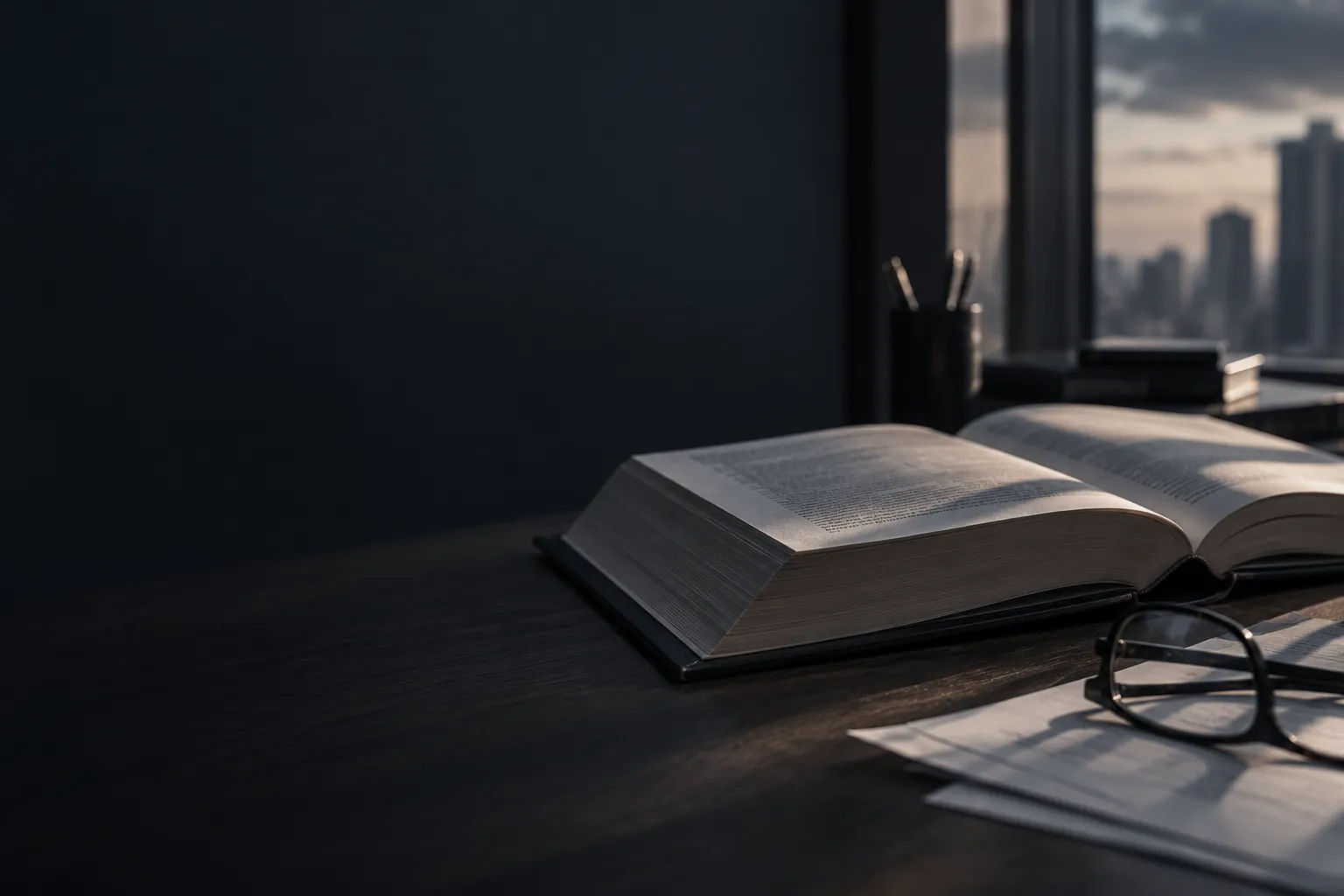 Livro jurídico aberto sobre a mesa, ao lado de óculos