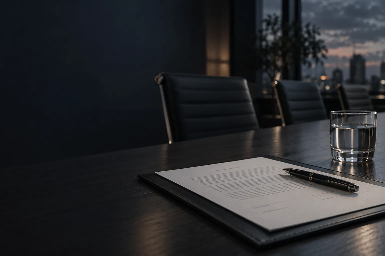Contrato e caneta sobre mesa de reunião